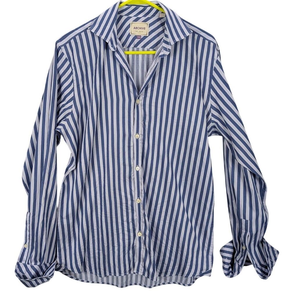 Ted Baker Archive Shirt Mens 15.5 Blue Striped Egyptian Cotton Dress Long Sleeve